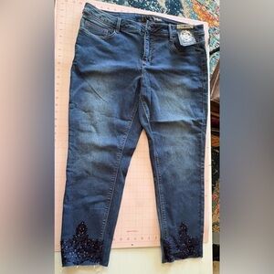 Trendy THORN Blue Cropped Jeans with Lace Detail and rhinestone. Size 16